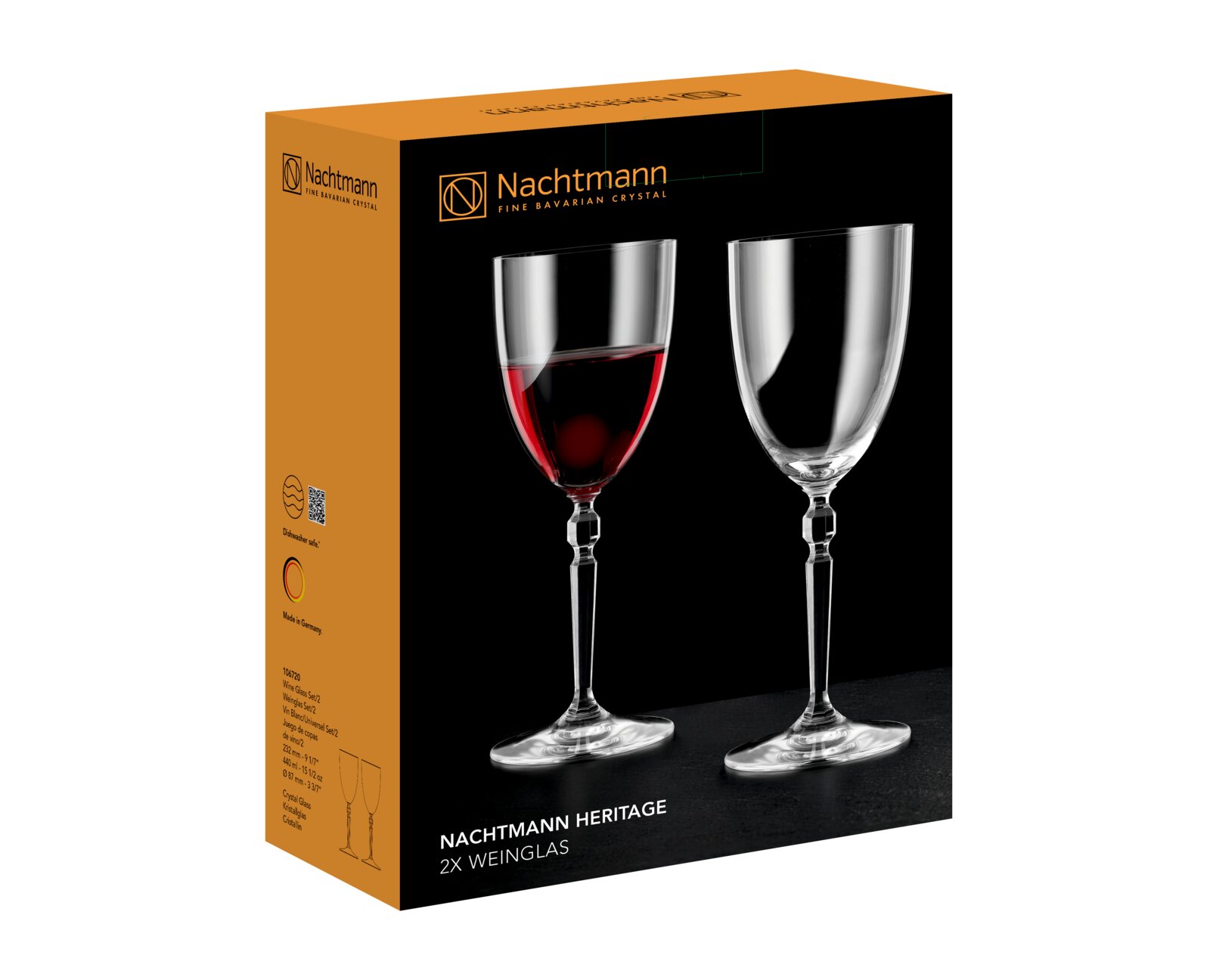 Nachtmann Heritage 2er-Set Weingläser aus Kristallglas in Verkaufsverpackung, schräg von vorn links gezeigt, mit Abbildung eines gefüllten und eines leeren Glases