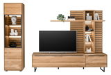 Moderne Wohnwand aus Holz mit TV-Schrank, Regal und Dekoration, frontale Ansicht