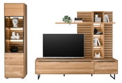 Moderne houten wandmeubel met tv-kast, plank en decoratie, vooraanzicht