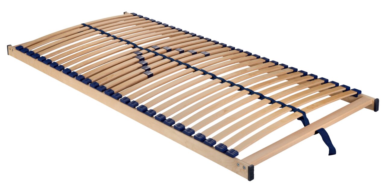 Federholzrahmen 100x200 NV aus Holz mit blauen Kunststoffelementen, seitliche Perspektive