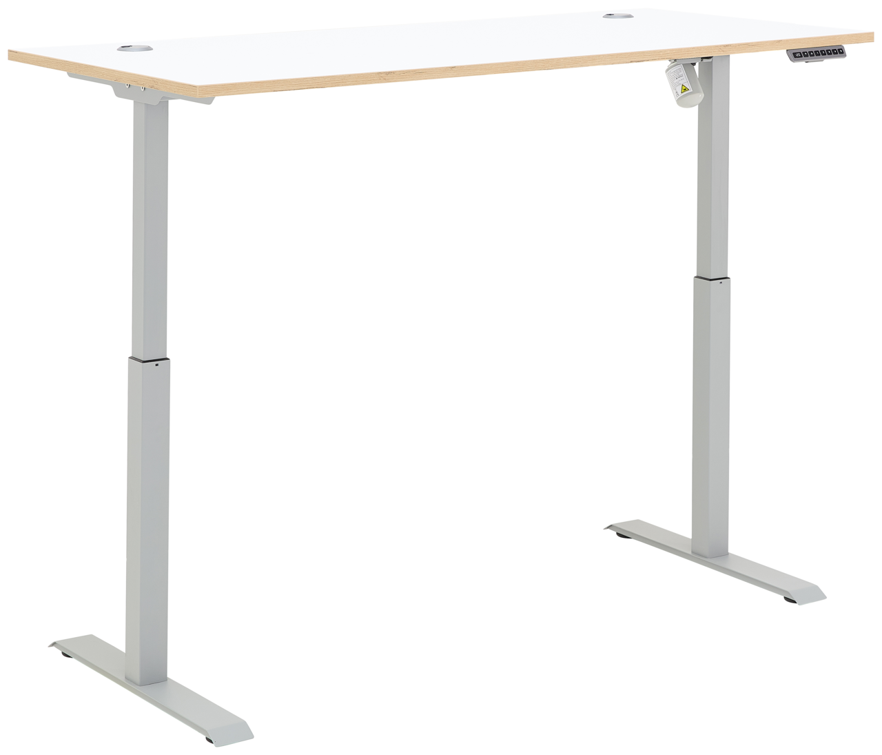 Elektrisch höhenverstellbarer Schreibtisch in seitlicher Perspektive mit weißer Tischplatte und grauem Gestell.