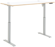 Elektrisch höhenverstellbarer Schreibtisch in seitlicher Perspektive mit weißer Tischplatte und grauem Gestell.