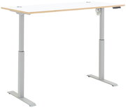 Elektrisch höhenverstellbarer Schreibtisch in seitlicher Perspektive mit weißer Tischplatte und grauem Gestell.