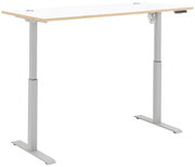 Elektrisch höhenverstellbarer Schreibtisch in seitlicher Perspektive mit weißer Tischplatte und grauem Gestell.