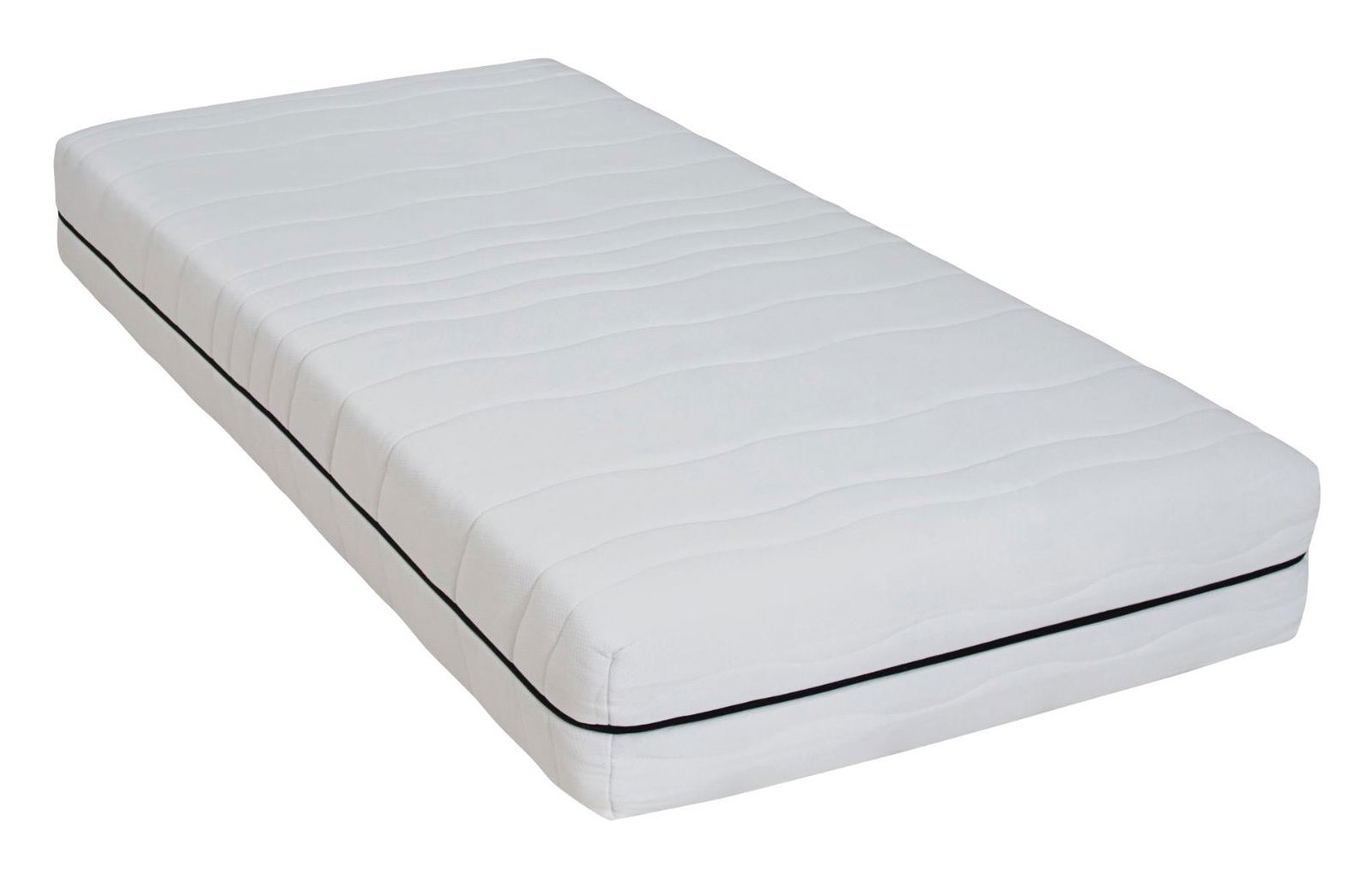 Z2 Roll-Komfortschaummatratze P1480 COMFORT PUR Weiße Roll-Komfortschaummatratze in seitlicher Perspektive mit schwarzem Streifen.