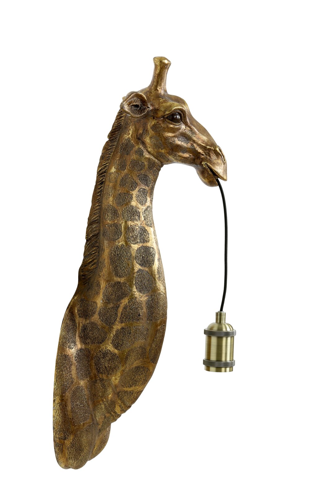 Wandlamp in de vorm van een giraffenkop met een goudkleurig, gestructureerd oppervlak, gezien vanaf de zijkant.