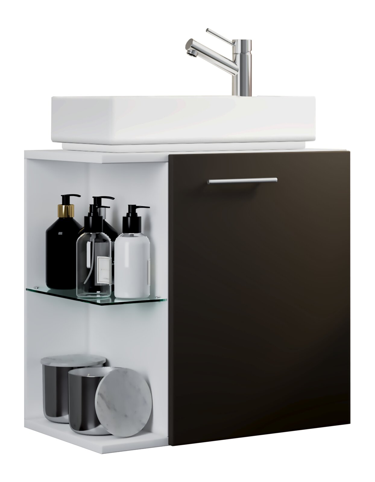 Modernes Badezimmer-Waschtisch-Set mit weißem Aufsatzwaschbecken und Chrom-Armatur auf weißem Unterschrank mit schwarzer Front und offenem Regal, Ansicht schräg von vorn.