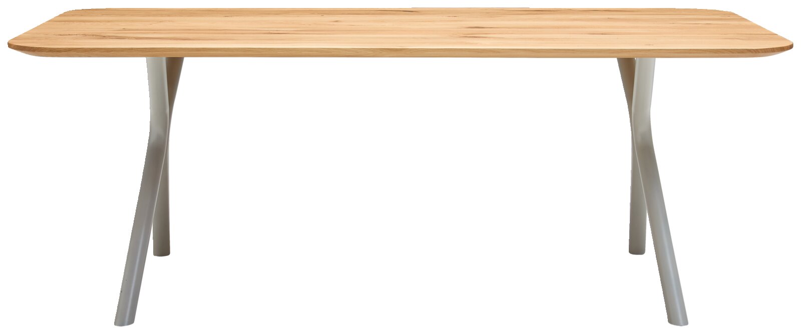 Moderner Esstisch mit Holzplatte und geschwungenen weißen Metallbeinen, Frontalansicht