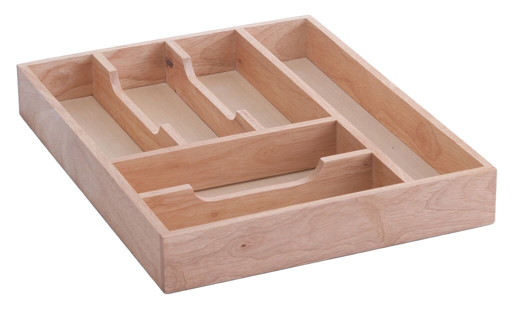 Holz-Besteckkasten mit mehreren Fächern, aus schräger Perspektive fotografiert