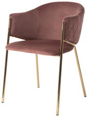 Rosa Samt-Armlehnstuhl mit goldenen Metallbeinen, seitliche Perspektive