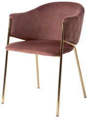 Rosa Samt-Armlehnstuhl mit goldenen Metallbeinen, seitliche Perspektive