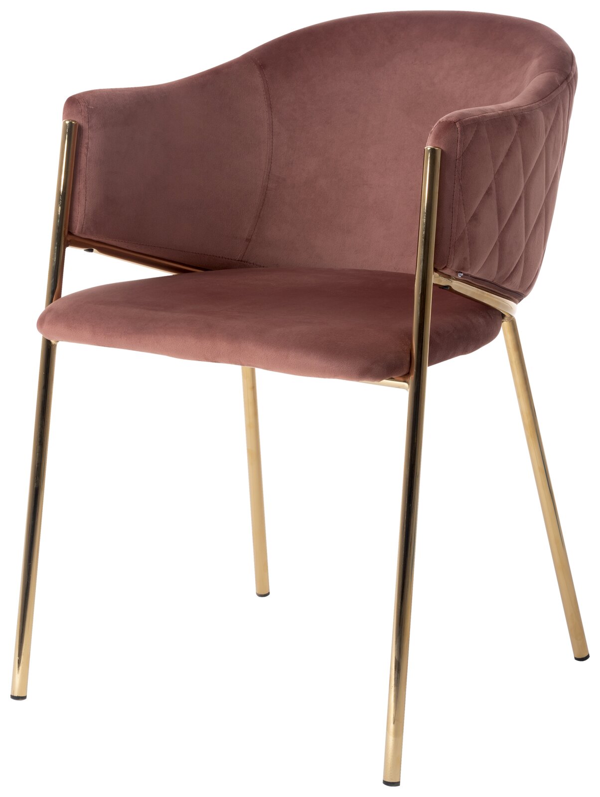 Rosa Samt-Armlehnstuhl mit goldenen Metallbeinen, seitliche Perspektive