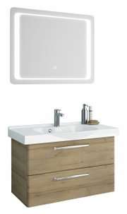 Moderner Badblock mit beleuchtetem Spiegel und Waschbecken aus Holzoptik, Frontalansicht
