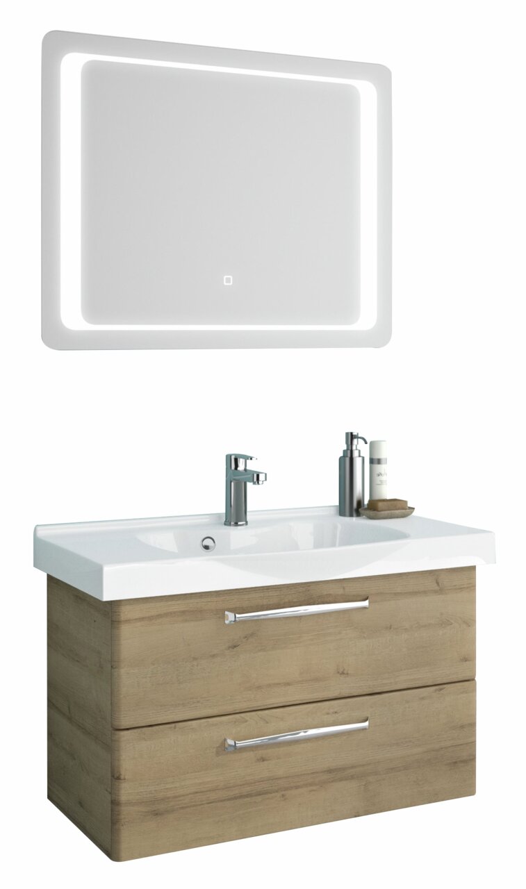 Moderner Badblock mit beleuchtetem Spiegel und Waschbecken aus Holzoptik, Frontalansicht