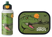 Trinkflasche und Brotdose mit Dinosaurier-Motiv, seitliche Perspektive