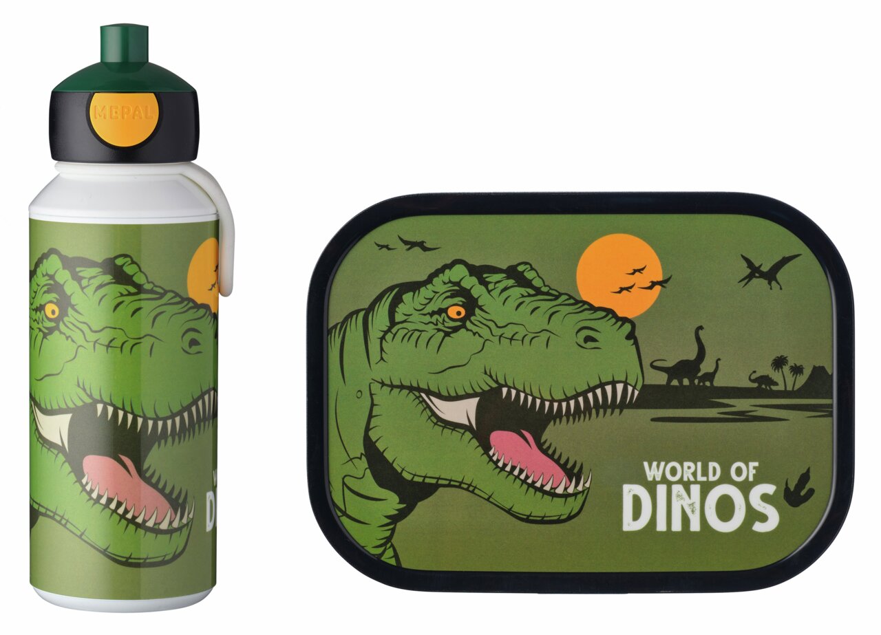 Trinkflasche und Brotdose mit Dinosaurier-Motiv, seitliche Perspektive