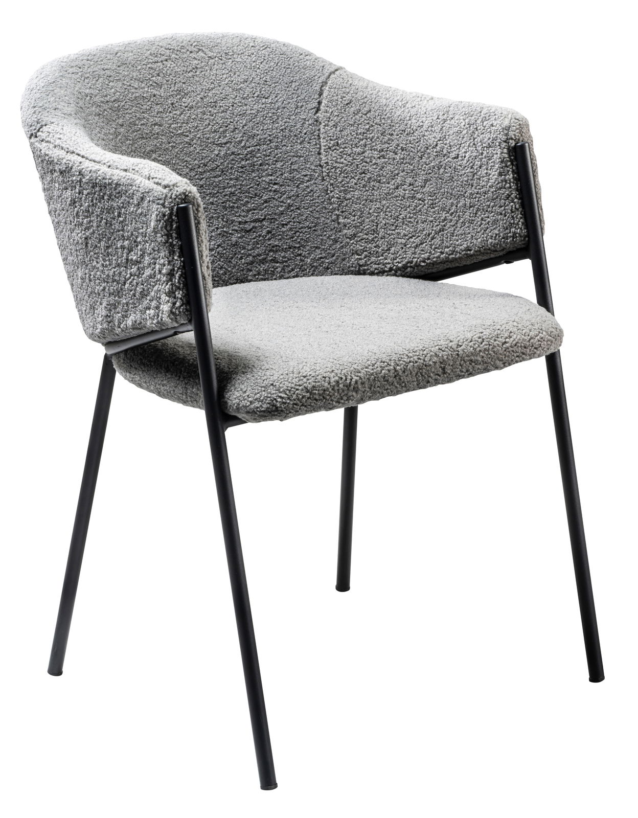 Grauer Armlehnstuhl mit schwarzem Metallgestell, Vorderansicht