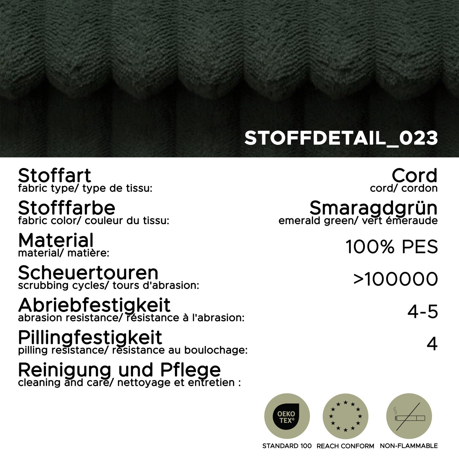 Stoffdetail eines Schlafsofas in Smaragdgrün, Cordstoff, 100% PES, hohe Scheuertouren und Abriebfestigkeit, Pillingfestigkeit 4, aus der Frontalperspektive.