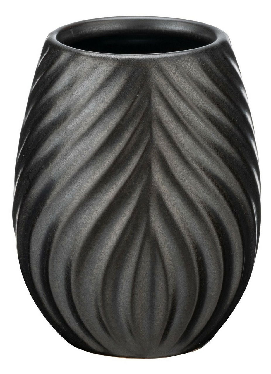 Wenko Zahnputzbecher IDRO Keramik Zahnputzbecher in dunklem Grau mit wellenförmiger Struktur, frontal fotografiert.