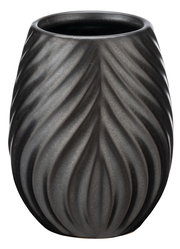 Keramik Zahnputzbecher in dunklem Grau mit wellenförmiger Struktur, frontal fotografiert.