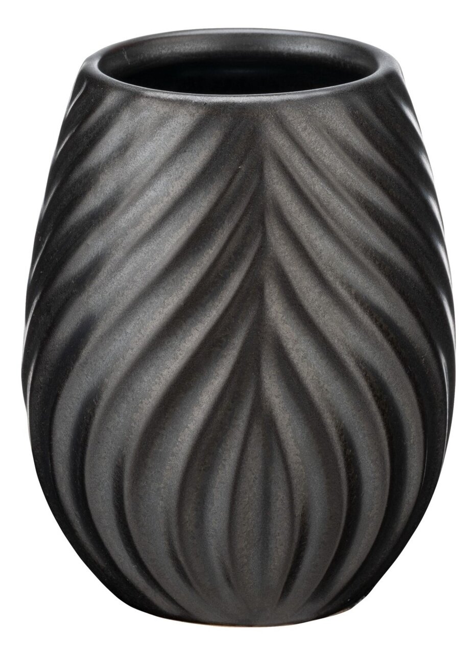 Keramik Zahnputzbecher in dunklem Grau mit wellenförmiger Struktur, frontal fotografiert.