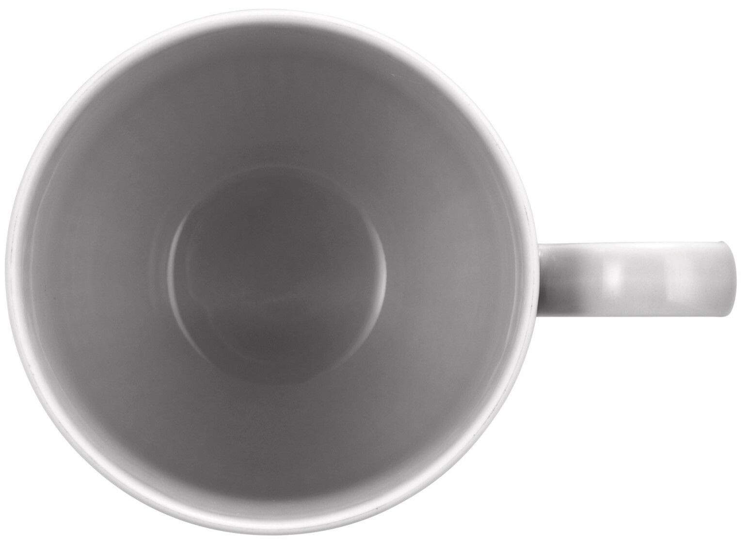 Ansicht von oben auf einen grauen Becher mit Henkel, 0,35 l Fassungsvermögen.