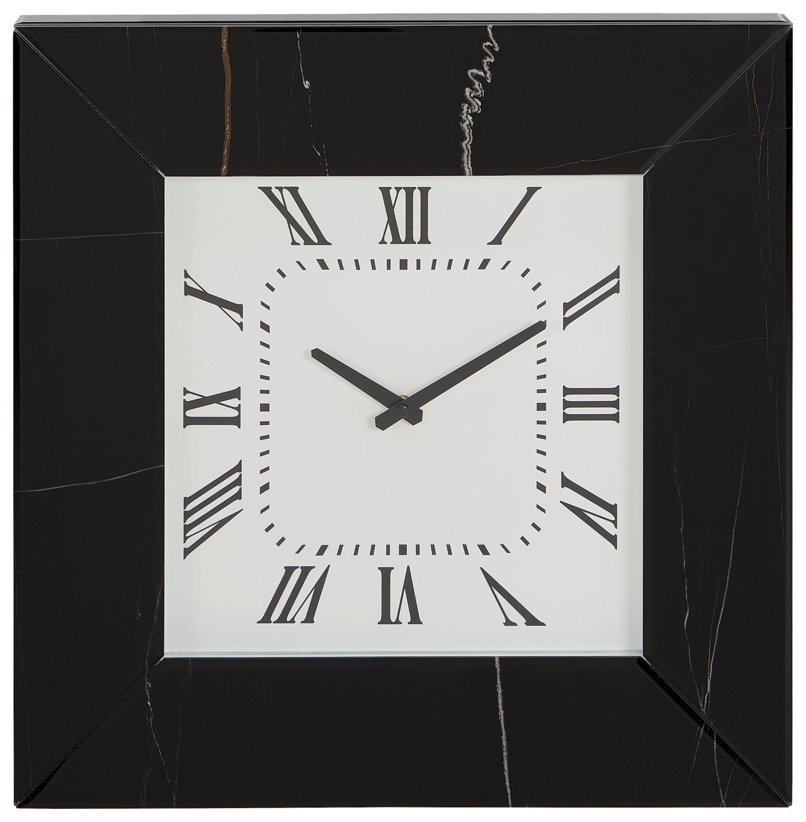 Quadratische Wanduhr mit schwarzem Rahmen und römischen Ziffern, Frontalansicht