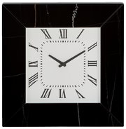 Quadratische Wanduhr mit schwarzem Rahmen und römischen Ziffern, Frontalansicht