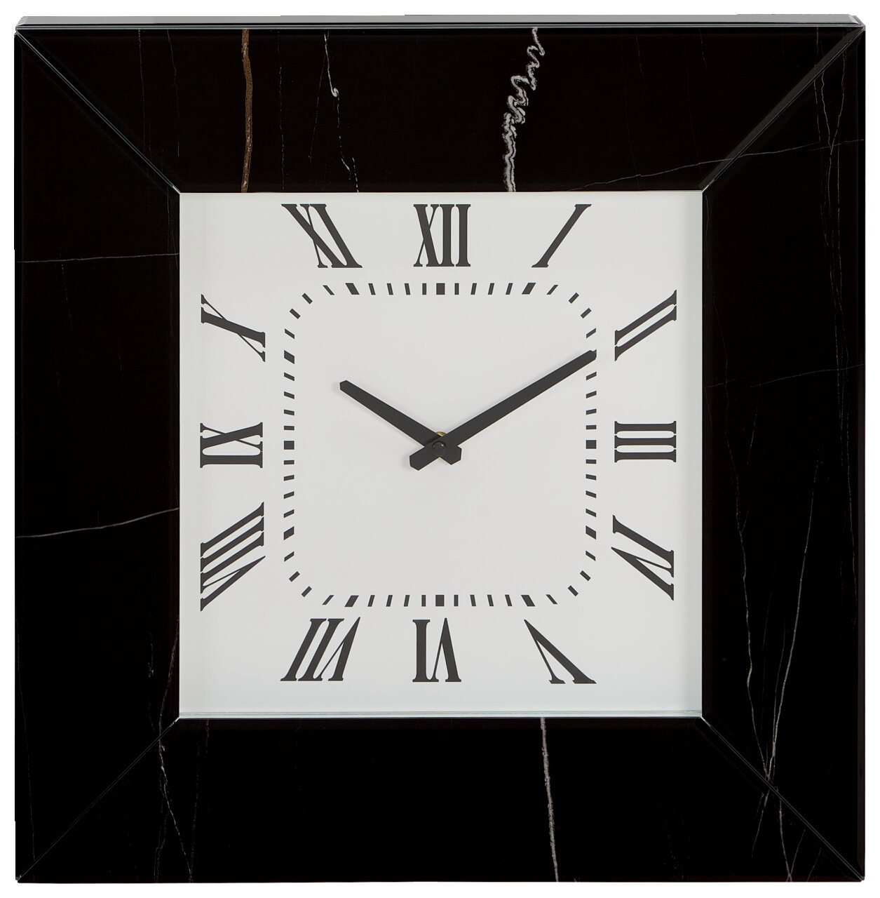 Quadratische Wanduhr mit schwarzem Rahmen und römischen Ziffern, Frontalansicht