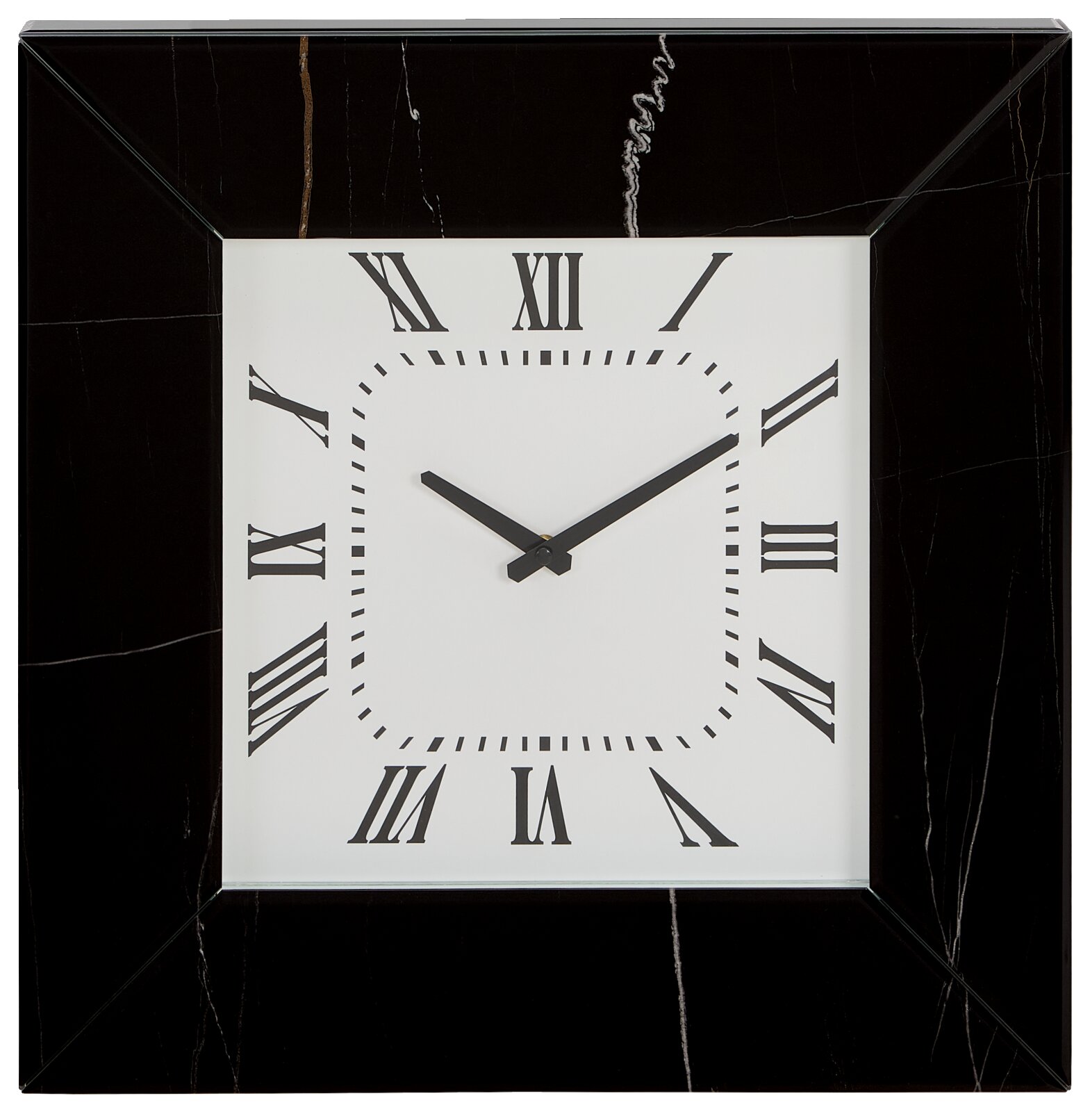 Quadratische Wanduhr mit schwarzem Rahmen und römischen Ziffern, Frontalansicht
