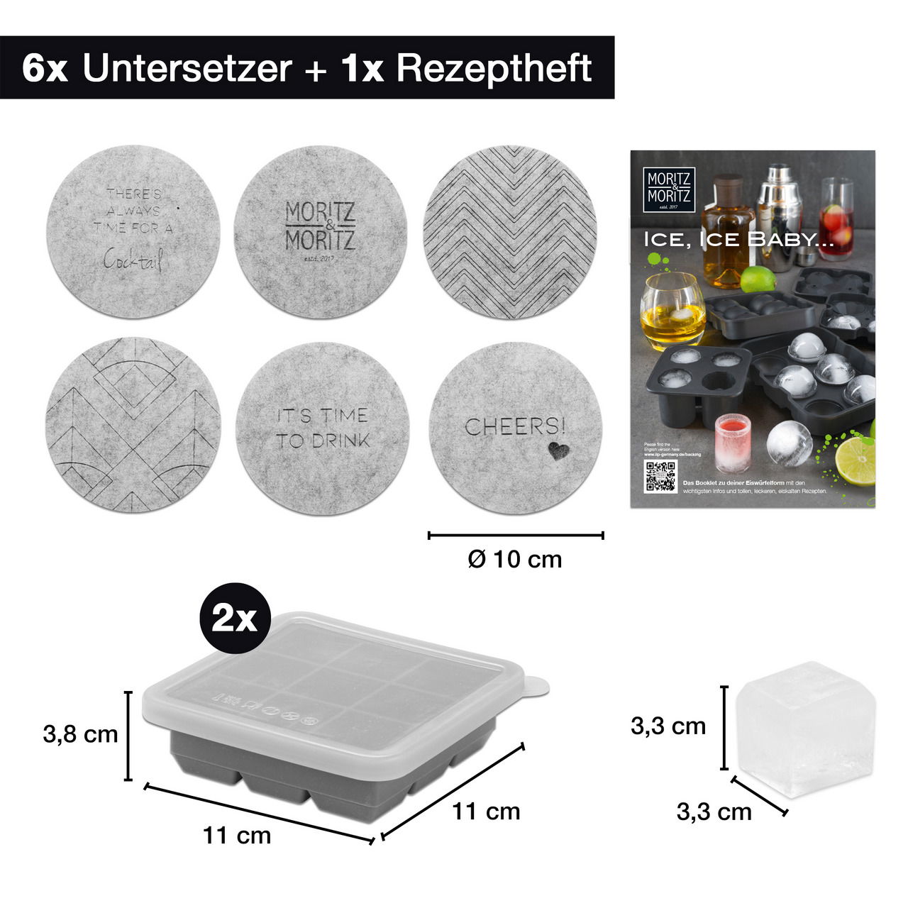 Set aus 6 runden Untersetzern mit verschiedenen Designs und 2 Eiswürfelformen, perspektivisch von oben gezeigt.