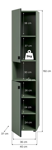 Schmaler, hoher grüner Hochschrank mit zwei geöffneten geriffelten Türen und mehreren Regalböden, Maßgrafik mit 192 cm Höhe sowie 40 cm Breite und 37 cm Tiefe; Ansicht schräg von vorn links.