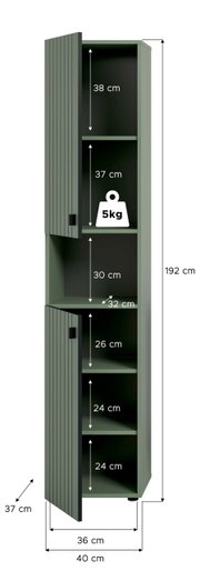 Schmaler, hoher grüner Hochschrank mit zwei geöffneten geriffelten Türen und mehreren Regalböden, Maßgrafik mit 192 cm Höhe sowie 40 cm Breite und 37 cm Tiefe; Ansicht schräg von vorn links.