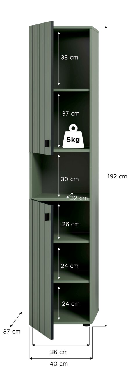 Schmaler, hoher grüner Hochschrank mit zwei geöffneten geriffelten Türen und mehreren Regalböden, Maßgrafik mit 192 cm Höhe sowie 40 cm Breite und 37 cm Tiefe; Ansicht schräg von vorn links.