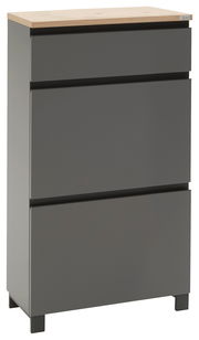 Moderner grauer Schuhschrank mit drei Schubladen und Holzplatte, seitliche Perspektive