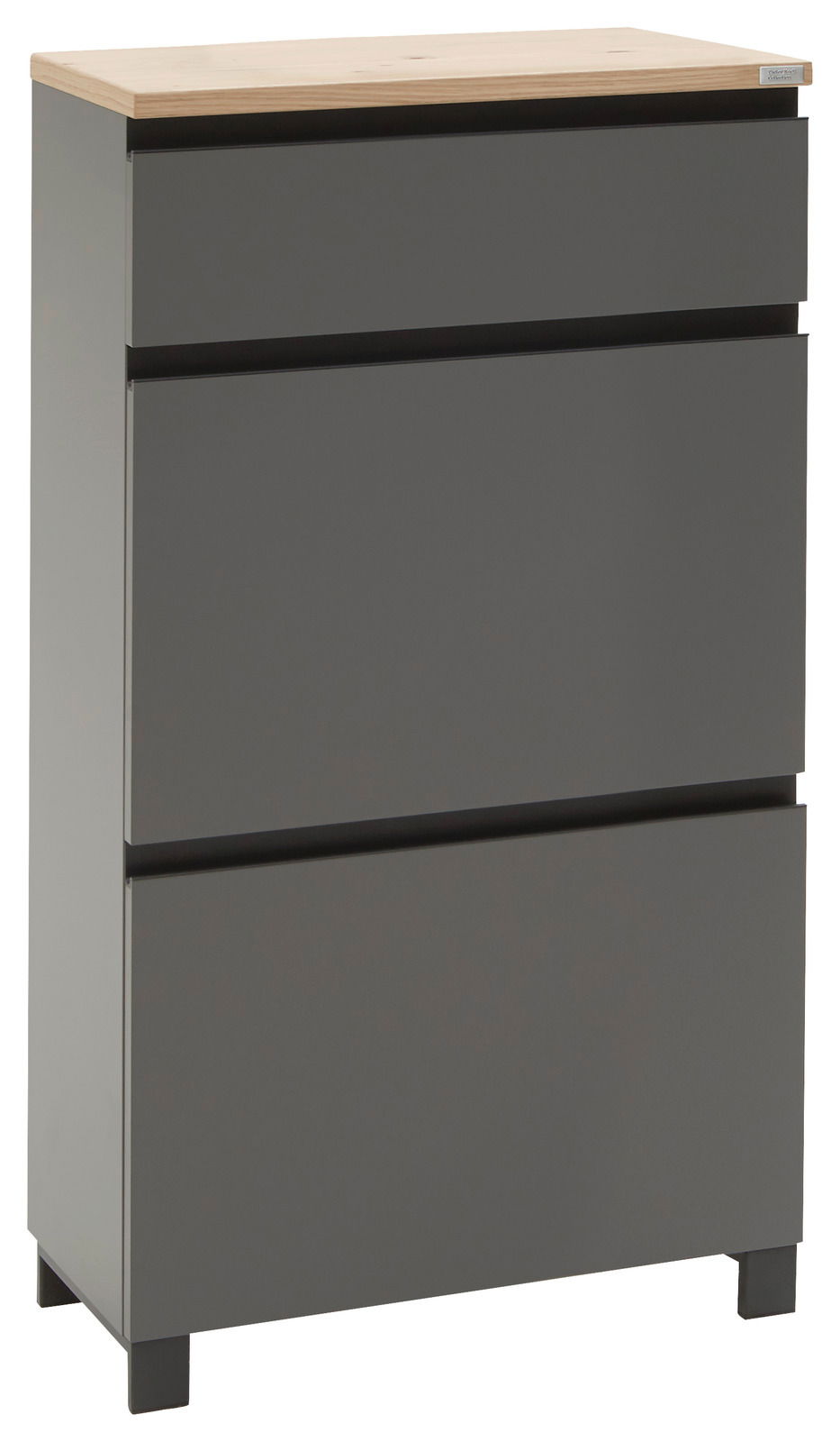 Moderner grauer Schuhschrank mit drei Schubladen und Holzplatte, seitliche Perspektive