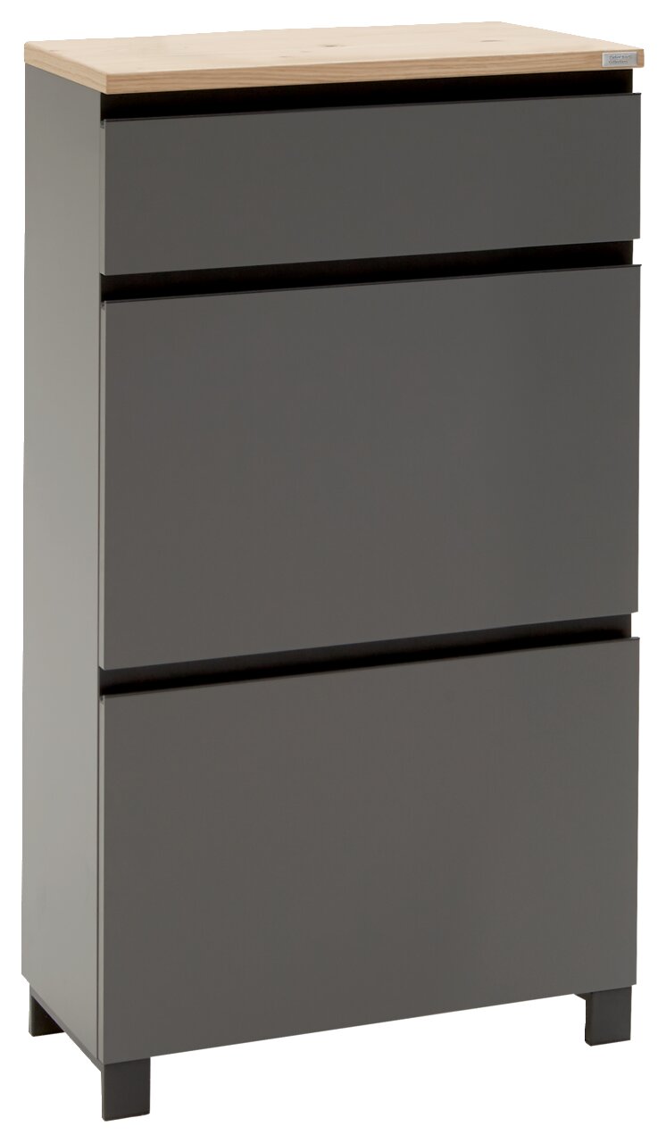 Moderner grauer Schuhschrank mit drei Schubladen und Holzplatte, seitliche Perspektive