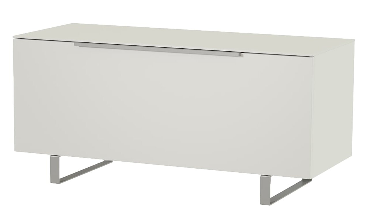 Weißes TV-Lowboard mit Metallfüßen, seitliche Perspektive