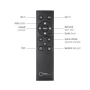 Schwarze LED-Licht-Fernbedienung von Neuhaus Lighting Group mit ON/OFF-Tasten, Helligkeitsregelung, Warmweiß/Kaltweiß-Auswahl, separat schaltbaren Lichtzonen, Timer und Nachtlicht, in Frontalansicht vor weißem Hintergrund.