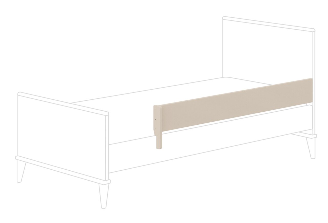 Seitliche Ansicht einer beige Absturzsicherung für ein Bett, montiert an der Seite des Bettrahmens.