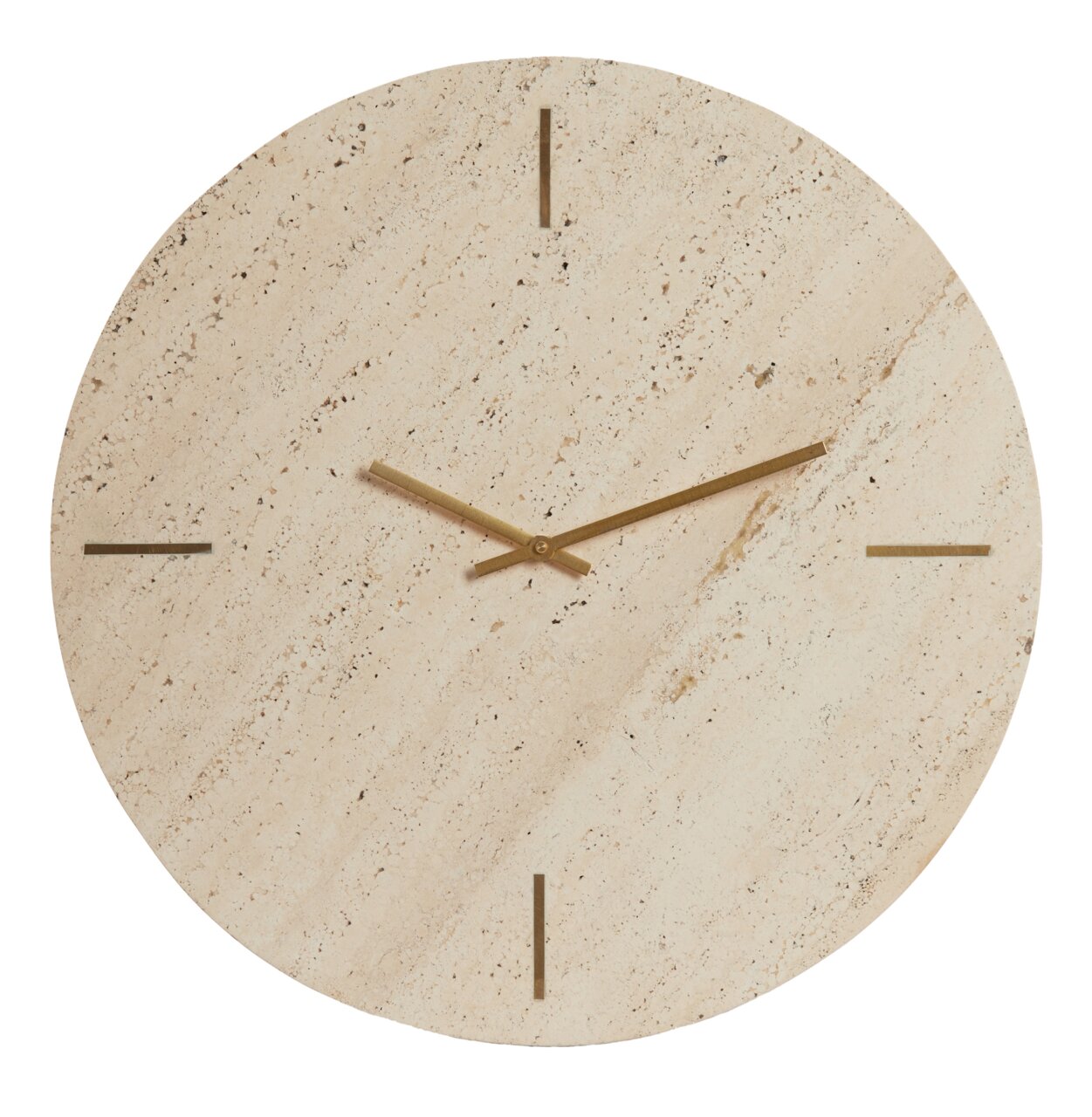 Minimalistische Wanduhr aus hellem Stein mit goldenen Zeigern, frontal abgebildet.