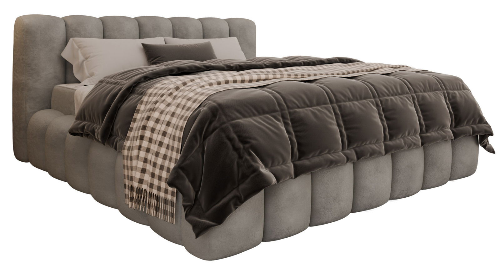 Polsterbettgestell in grauem Stoff mit gestepptem Kopfteil, seitlicher Blickwinkel