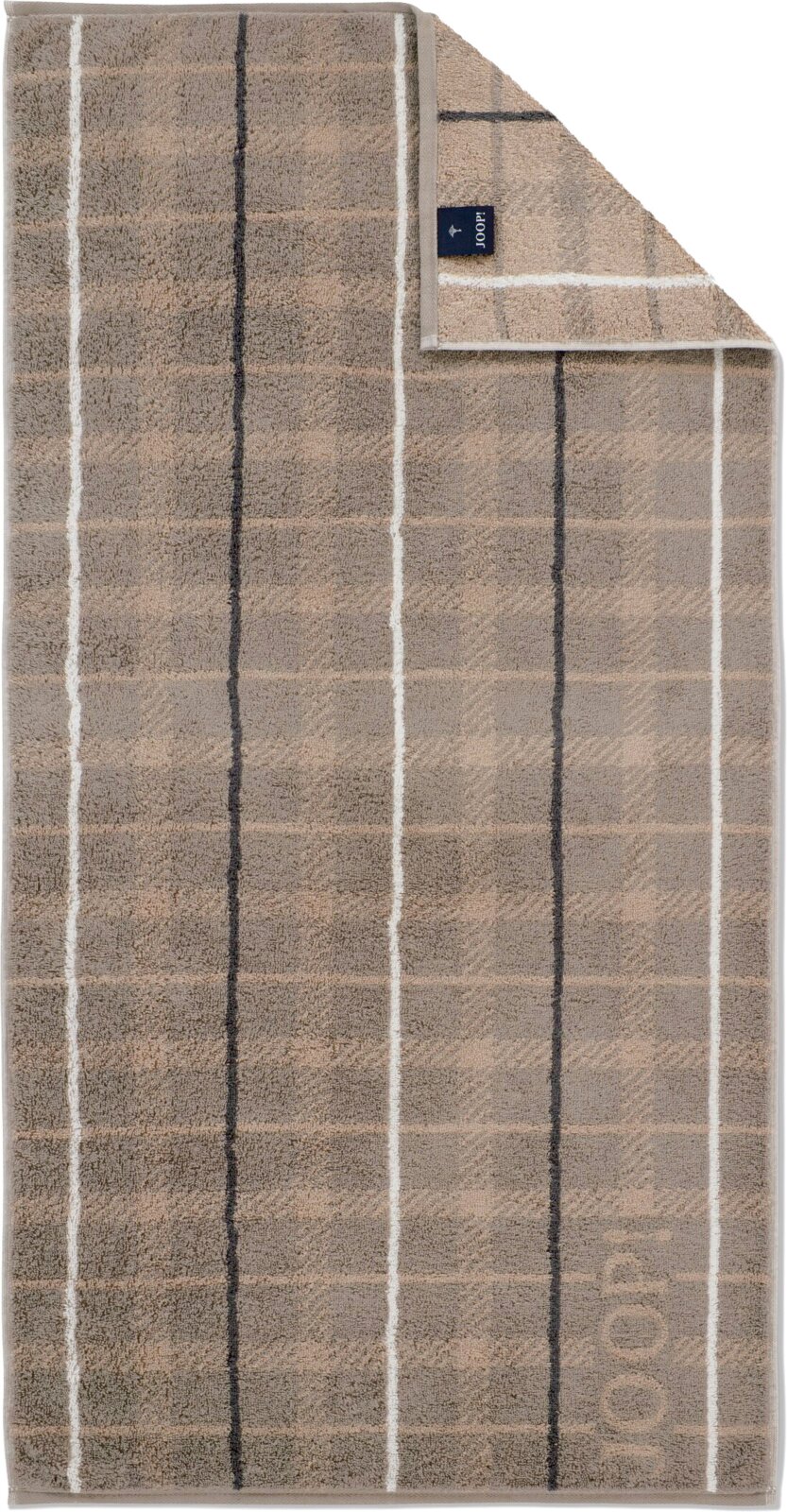 Joop Handtuch in Taupe mit Streifenmuster in Weiß und Dunkelgrau, mit umgeschlagener Ecke und sichtbarem Logo-Label, Draufsicht von oben