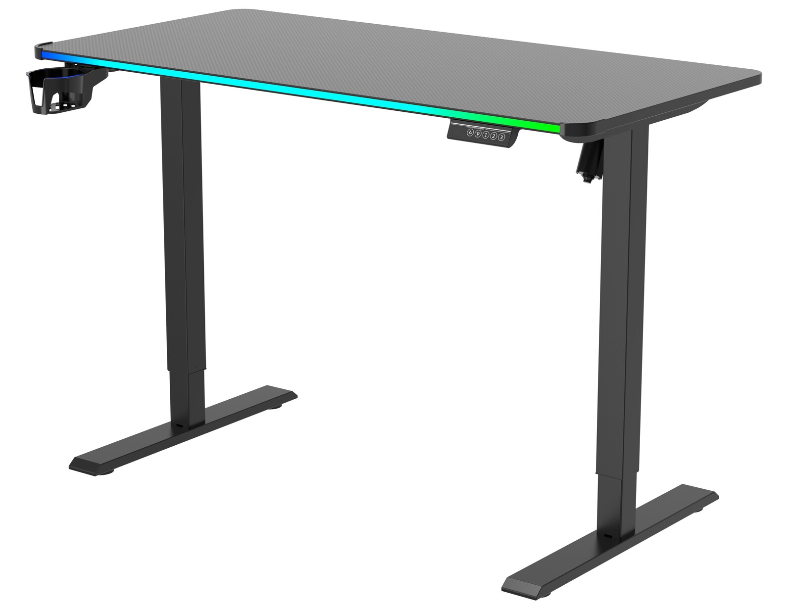 Moderner E-Gaming Tisch mit RGB-Beleuchtung und Getränkehalter, seitliche Perspektive