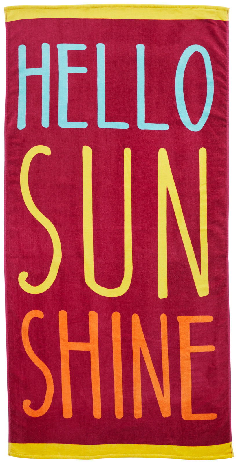 Strandtuch mit der Aufschrift 'HELLO SUNSHINE' in bunten Farben, von oben betrachtet.