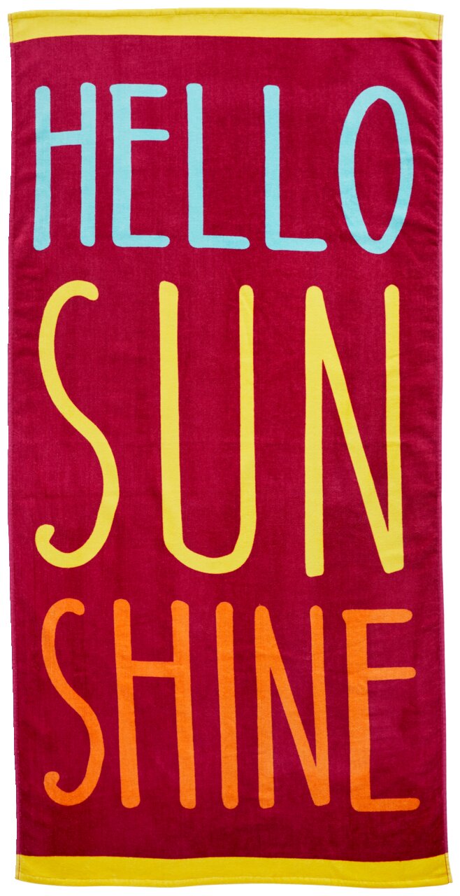 Strandtuch mit der Aufschrift 'HELLO SUNSHINE' in bunten Farben, von oben betrachtet.