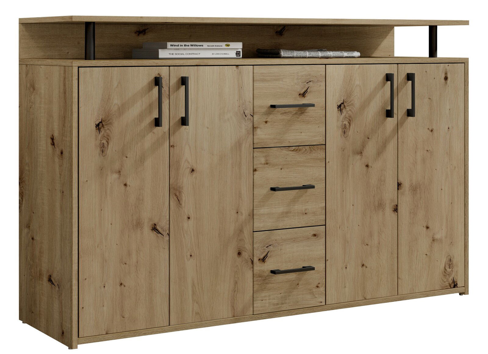 Holz-Sideboard mit vier Türen und drei Schubladen, schwarze Griffe, Bücher und Zeitschriften auf der oberen Ablage, frontale Perspektive