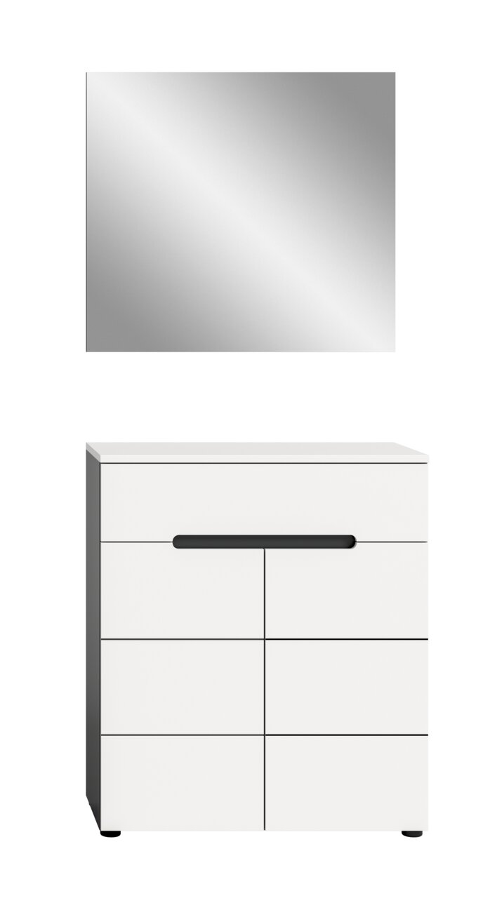 Weißer Badezimmerschrank/Waschtischunterschrank mit zwei Türen und schwarzem Griff, frontale Ansicht; darüber quadratischer Spiegel in Frontalansicht.