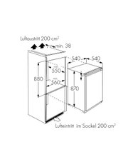 Technische Einbauzeichnung eines integrierbaren Unterbau-Kühlschranks mit Maßangaben (Nischenhöhe ca. 880 mm, Gerätehöhe 870 mm, Breite/Tiefe 540 mm) sowie Lüftungsvorgaben für Luftaustritt oben und Lufteintritt im Sockel je 200 cm², dargestellt in schräg