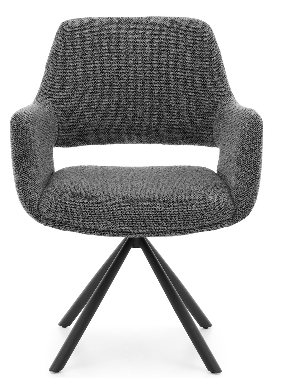 Grauer Armlehnstuhl mit schwarzem Metallgestell, Frontalansicht